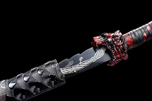 Miniatura 5 de Espada china, espada ancha Loong, arma fría (cuchillas de grabado forjadas, accesorios de aleación, vaina de cuero falso)