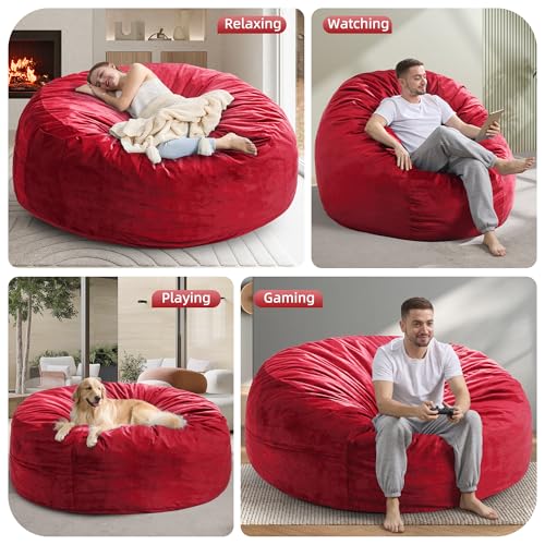 Image of Hobestluk Adults Bean Bag Chair 5FT Big BeanBag Chair Giant Large Oversized | Memory Foam,Removable Cover,Velvet Fabric,Side Pocket,Bean Bag Chairs for Adults Cloud Chair for Reading Seating | Red 5FT