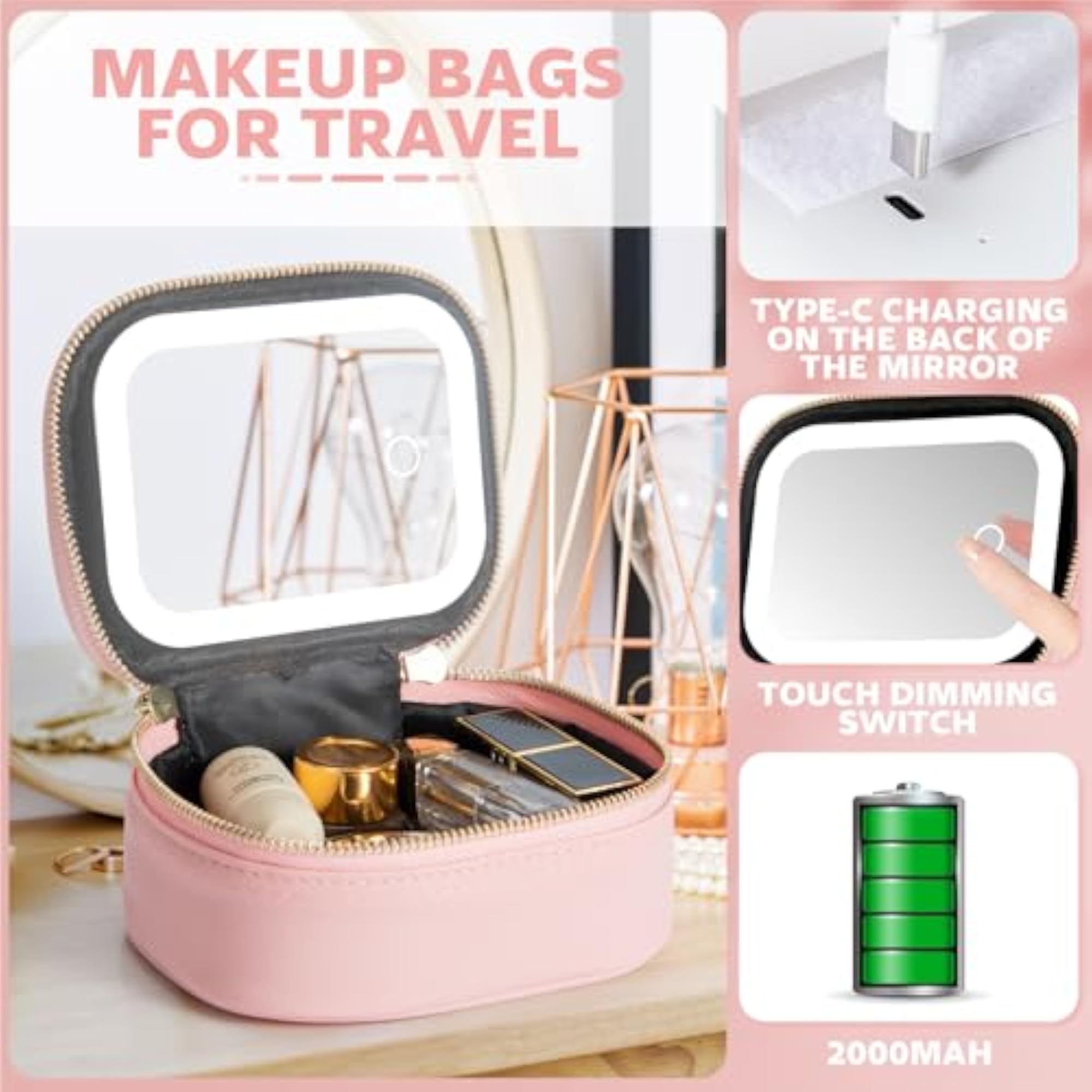 Portable Cosmetic Bag with Mirror LED Light