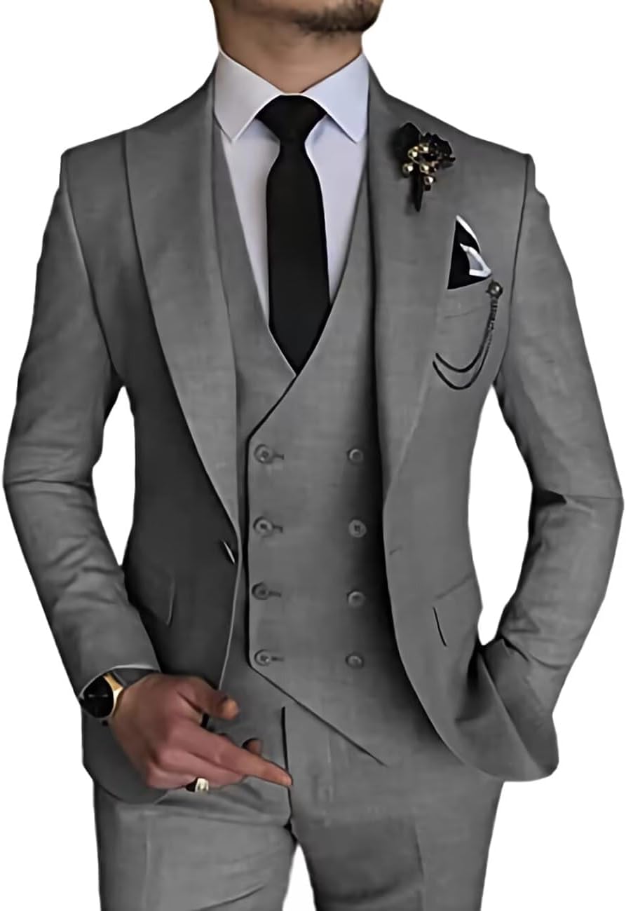 Men's 3 Piece Suit Slim Fit Classic One Button Suit for Men Groomsmen Business Prom Double Breasted Vest Blazer Tuxedo