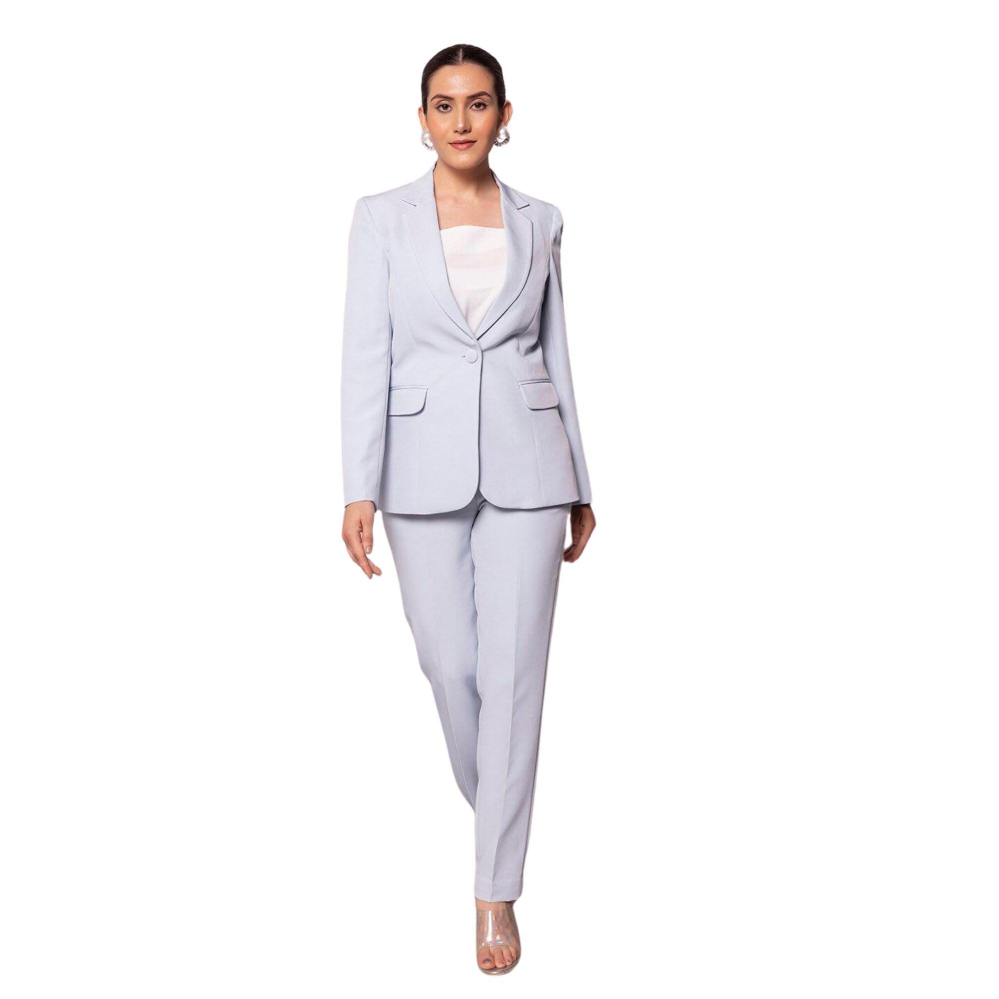 powersutra Women's Ice Blue Notch Collar Stretch Suit with Blazer & Trousers | Single-Breasted | Button Closure | Elastic Waist Pants-picture-24