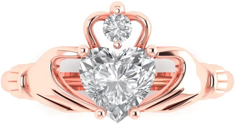Clara Pucci 14K Solid Gold Ring for Women - 1.06 cttw Heart Cut White Sapphire Rose Gold Claddagh Anniversary Bridal Ring