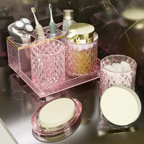 Glass Bathroom Accessories Set 5Pcs Crystal - Foaming Soap Dispenser, Soap Dish, Cup, Acrylic Toothbrush Holder with Tray Organizer, Qtip Jar, Bathroom Counter Set Sink Decor (Pink) - Image 7