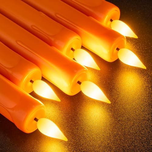 Image of Homemory 6 Pcs Orange Flameless Taper Candles with Remote, Timer, Dimmer, Battery Operated CandleSticks with Flickering Light, Plastic Led Window Candles, for Halloween Decoration 9.6 Inches
