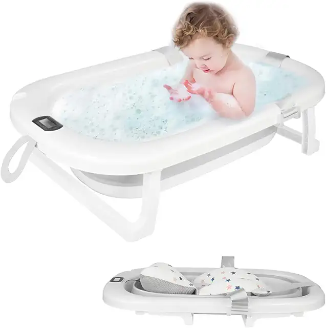 Baignoire Pliable Bébé XXL avec Thermomètre, 0-6 ans, Gris - 80x50x23 cm