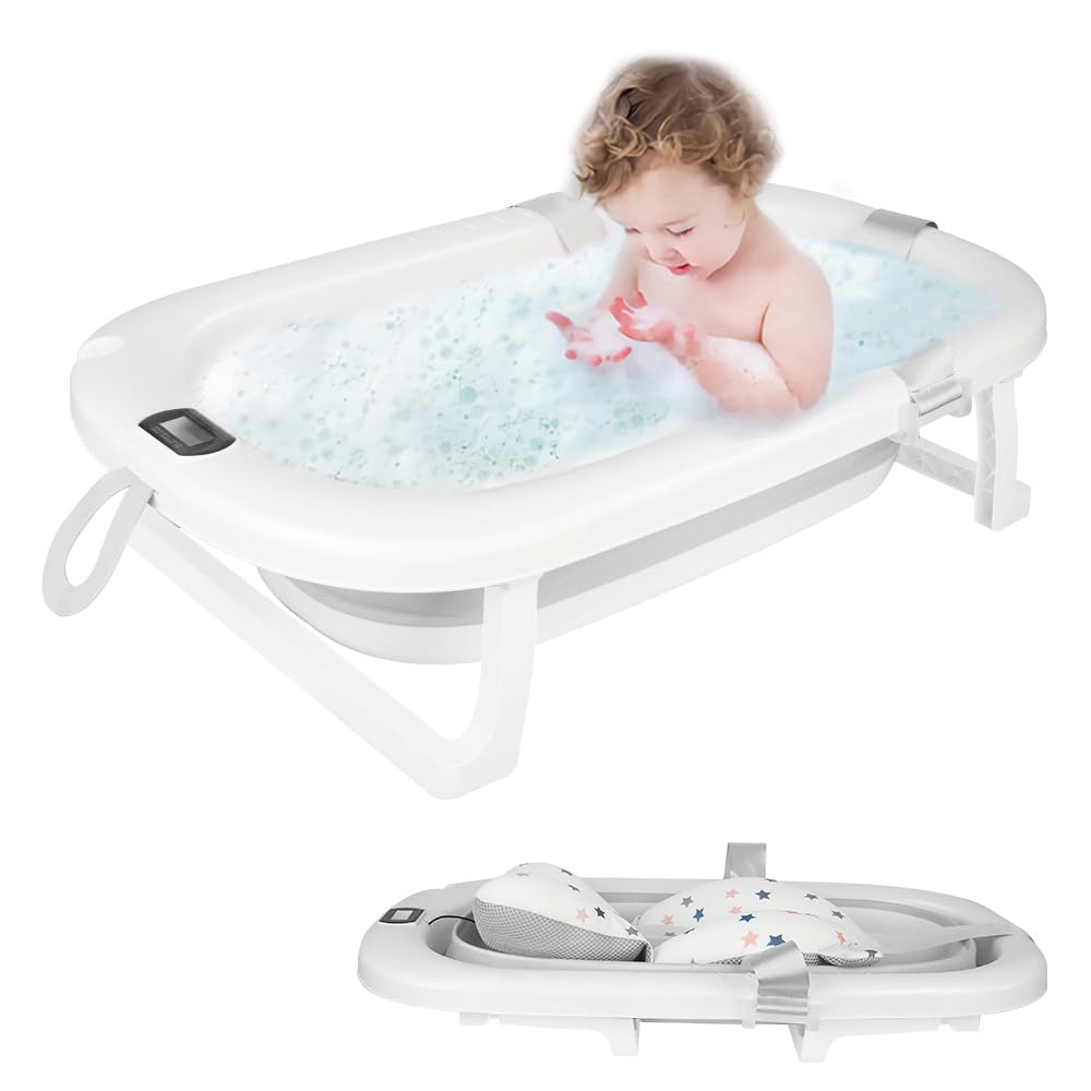Vasca da bagno per neonati con tappetino da bagno e termometro, vasca da doccia portatile antiscivolo, vasca da bagno pieghevole per neonati bambini, 80 x 50 x 23 cm (grigio)
