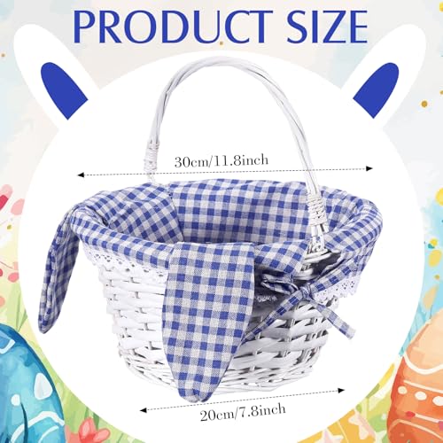 Image of Hushee Easter Willow Gift Basket 11 inchx7 inch Easter Wicker Bunny Baskets with Folding Handle Plaid Liners for Kids Toys Eggs Hunt Wood Bunny Bucket Decorations(Blue and White Plaid)