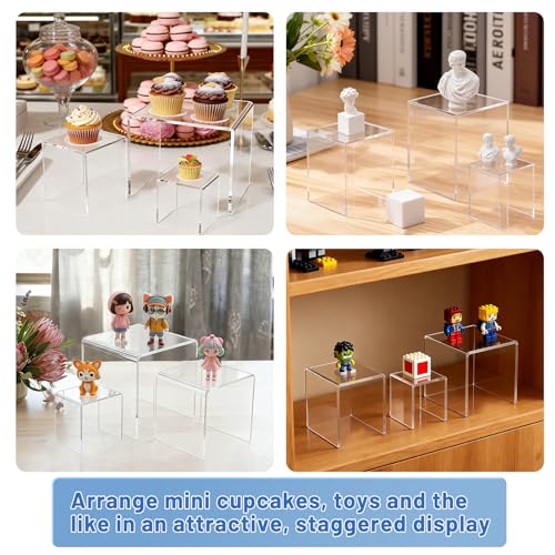 Image of Aheroi Acrylic Risers Display Stands, Acrylic Stands for Display 6Pcs 2Set | Clear Acrylic Display Stands, Small Table Display Shelf Cupcake Stand Buffet Risers for Wedding Party Food Statue(3 inch*4 inch*5 inch)