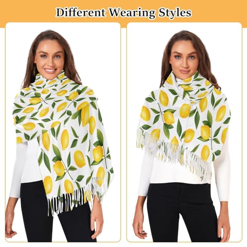 VIGTRO Watercolor Lemon and Leaves Women Wrap Pashmina Shawl, Fruit Pattern Winter Warm Long Scarf with Tassels for Evening Dress & Wedding 5