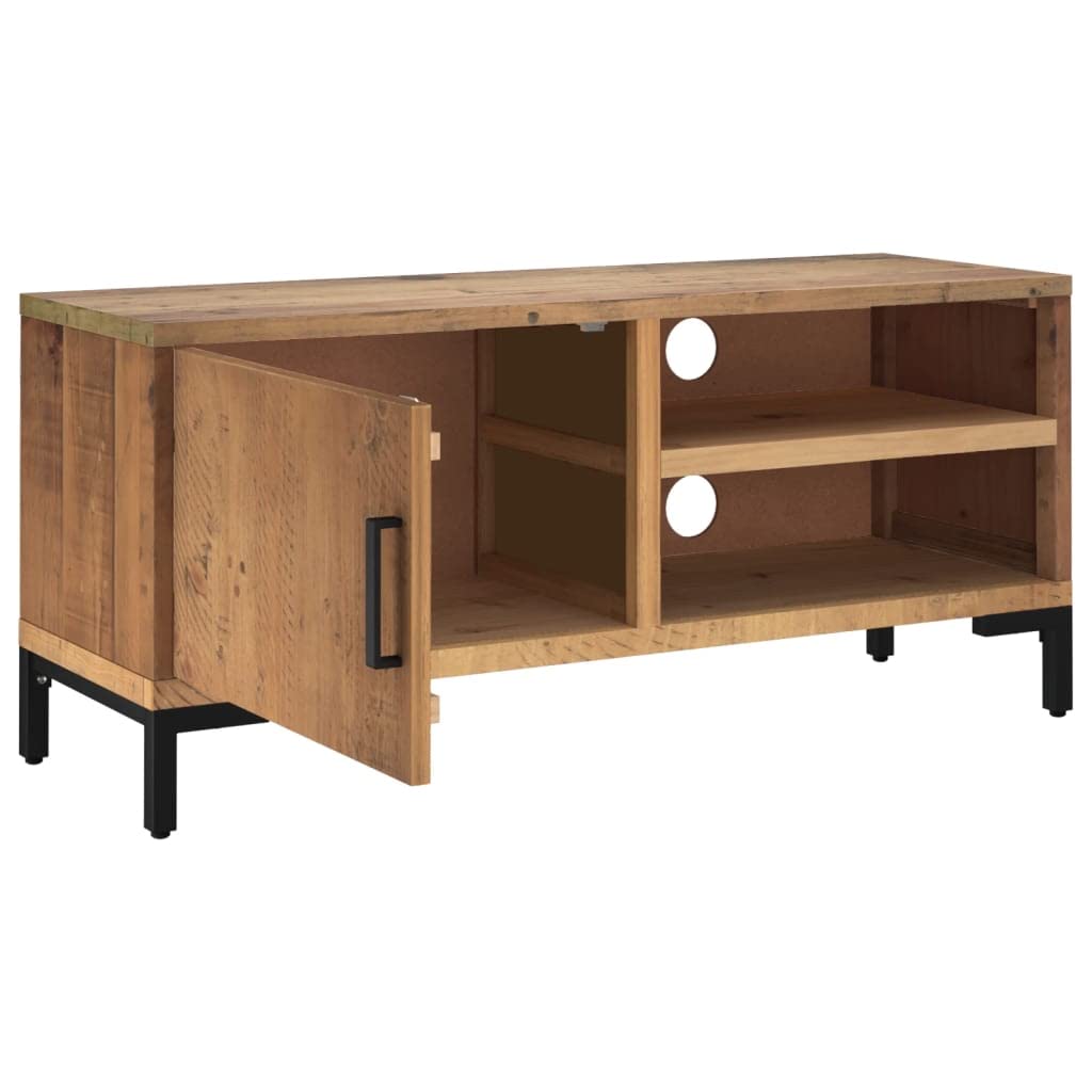 Mobile TV marrone, 90 x 30 x 40 cm, in legno di pino massiccio, design industriale, con anta e 3 scomparti, per soggiorno e camera da letto