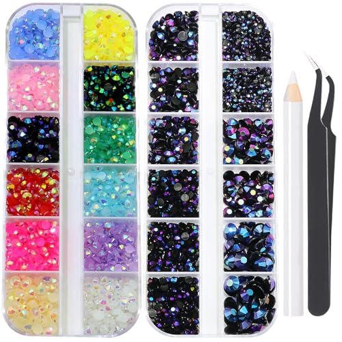 Resin Jelly Rhinestones for Crafting Bedazzling,Colorful Rhinestones for Nails Art+Black AB Nail Rhinestone and Gems,Nail Diamond Flatback Gems Crystals Charms for Nail Design DIY Makeup Decor