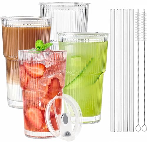 TUZAZO 20 Oz Glass Tumblers with Lids and Straws - 4 Pack Ribbed Glass Iced Coffee Cup with Straw and Lid, Thicken Glasses, Ideal for Smoothieds, Cocktails, and Juices