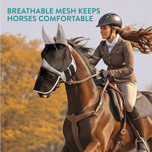 Navaris Medium Horse Mask - Comfortable Polyester Fly Guard Masks for Horses or Donkey - Includes Veil, Integrated Ears, and Removable Horse Nose Net - Gray - Thumbnail 2