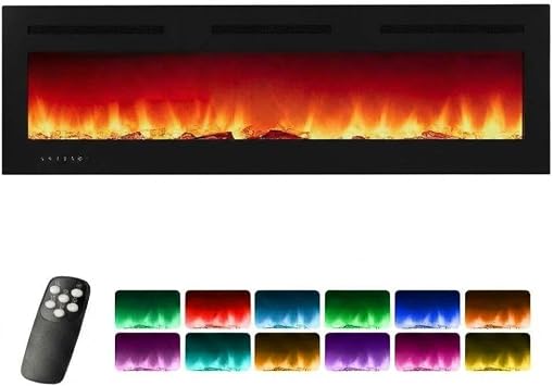 72 Electric Fireplace Insert Features an Ultra-Narrow Frame for Wall Mounting, Offering 1500W/750W Dual Heating with 3 Modes. Includes 12 Flame Color Options, Remote Control, Timer, Touch Screen, a
