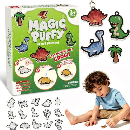 LINEQIC Dinosaur Toys for Kids 3 4 5 6 7 8 Years Old,3D Art Craft Kit Aqua Magic Puff,Magic Foam Texture Painting Kit,Boys Girls Bithday Gifts,Paint by Number Crafts for Kids,Travel Creative Gift Toys