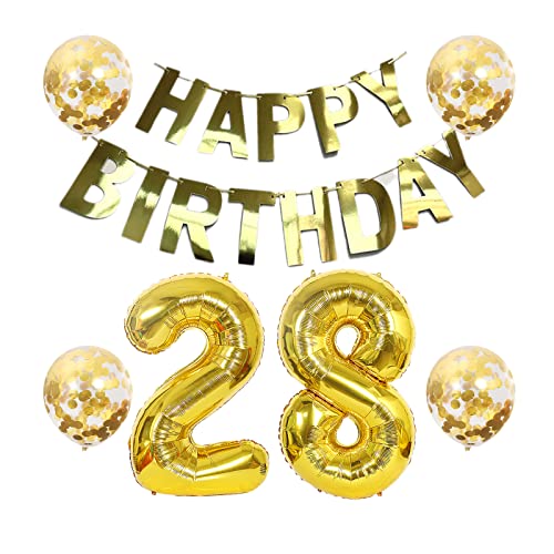 QWEQWE 2 ballons chiffre 28 or + 28e anniversaire ballon de décoration + bannière dorée ballon 28e décoration fille garçon 28 ans numéro 28 ballon 28e anniversaire fournitures de fête d'anniversaire Cover