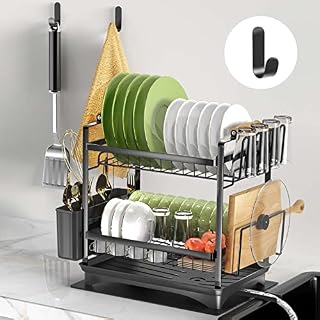 Yeelida Dish Drying Rack,2 Tier Black Large Drying Rack for Kitchen Counter,Rust-Proof Wear-resistant Automatic Draining Dish Rack with Utensil Holder,Cup Holder,Cutting Board Holder,Extra Two Hooks