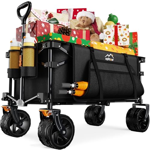 Uyittour Collapsible Wagon Cart Heavy Duty Foldable, Folding Beach Wagon with Big Wheels for Sand, Utility Grocery Cart with Side Pocket and Brakes for Camping Sports Outdoor Activities, Black