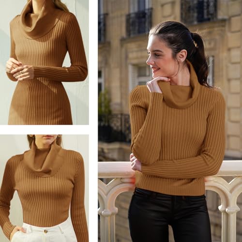 Image of v28 Women's Stretchable Cowl Neck Knit Long Sleeve Slim Fit Bodycon Sexy Sweater