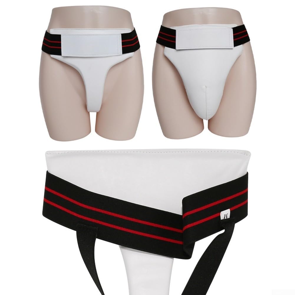 Protège-aine de boxe en cuir PU pour homme et femme – Sangles réglables Design bonnet profond pour entraînement Muay Thai Blanc Noir 23 cm