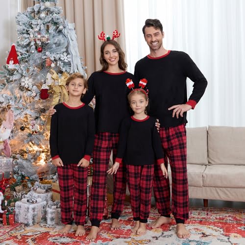Ingerie Family Matching Pyjama Set, Long Sleeve Cotton Top with Buffalo Plaid Bottoms Loungewear Christmas PJs Set(Classic Red Black-Men, X-Large)
