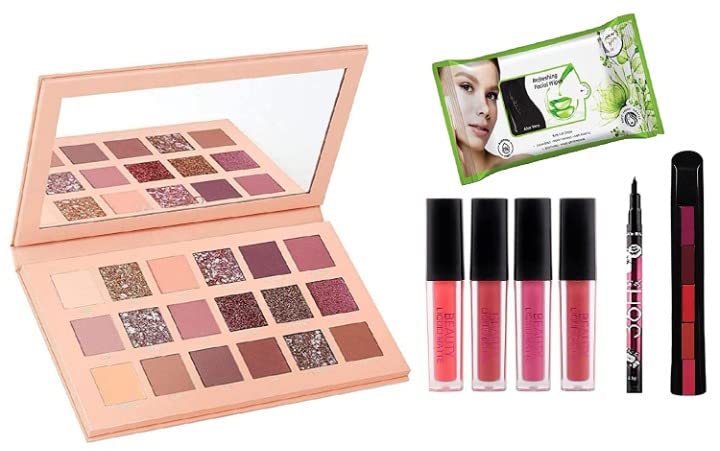 Beggie Nude Eyeshadow Palette 18 Multi color Aloe Vera Facial Wipes (Multi variant), 1 Liner, 5 In 1 Matte Finish Lipstick, Set of 4 Mini Lipsticks