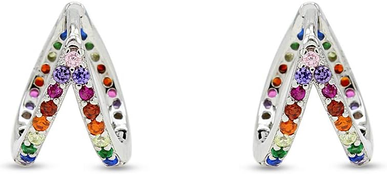 Colourful Rainbow Cubic Zirconia Round Hoop Earrings 14k White Gold Plated Sterling Silver Jewelry Gift for Womens