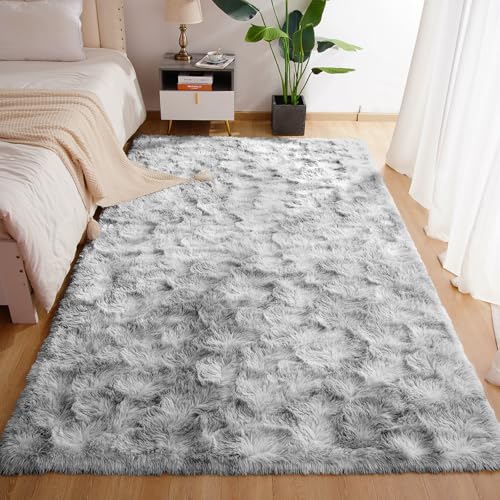 Area Rugs for Bedroom Living Room, 4x6 Soft Large Fluffy Fuzzy Shag Plush Furry Carpet, Soft Indoor Floor Mat for Kids Nursery Home Dorm Office Decor Aesthetic, Tie Dyed Grey