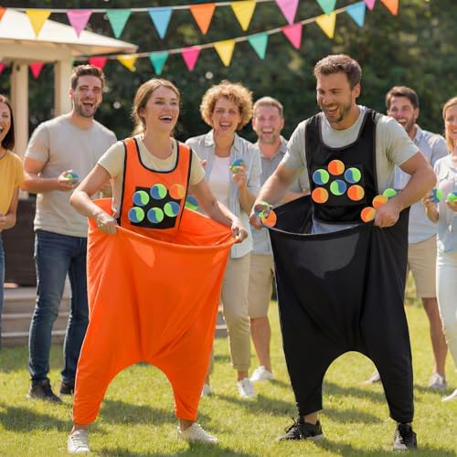 2-in-1 Granny Pants Yard Game Set, Oversized Pants & Sticky Vests Combo with 20 Balls & Pump, Outdoor Tossing Game for Adults Family Party Backyard Lawn Fun(M,Basketball,Orange and Black) - image 5