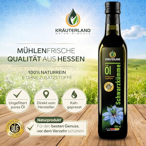 Kräuterland Schwarzkümmelöl kaltgepresst ungefiltert 500ml im Glasflasche