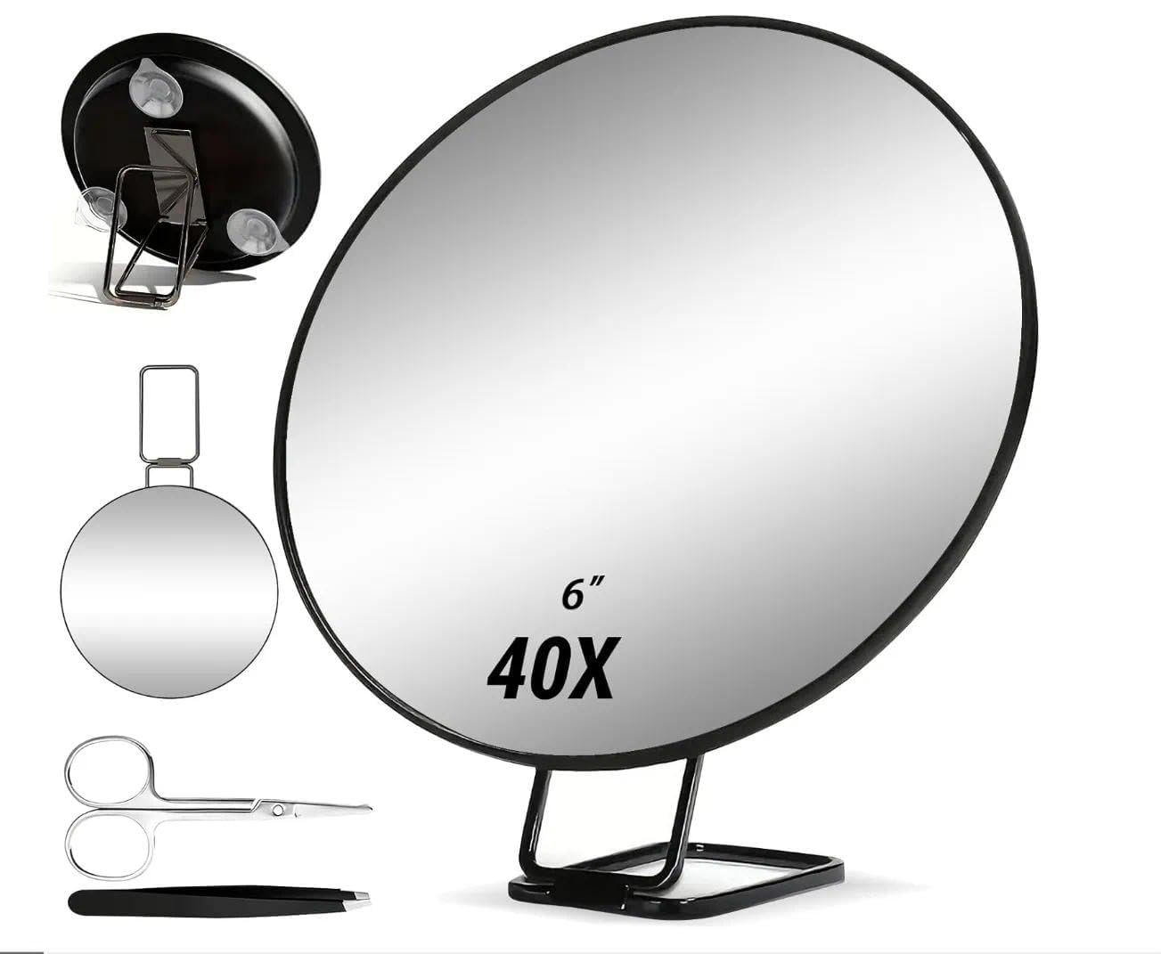 Specchio Ingranditore 40x, Specchio per Il Trucco Con Funzione Di Ingrandimento, Per Depilazione, Ceretta Ed Epilatore, Include Supporto, Pinzette E Forbici