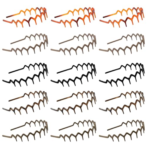 15PCS Non-Slip Zig Zag Headbands Grip for Women & Men Teeth Design for Slicked Back Hairstyles Comfortable Thick Headwrap for Sports Work and Fashion Multipack Hair Accessories Set 15 PCS Multicolored