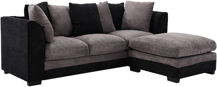 Beshomethings Chenille Fabric Upholstered 3 Seater Sofa,Modern L Shaped Corner Group Settee With Stool,Left or Right Chaise Couch (Black&Grey)