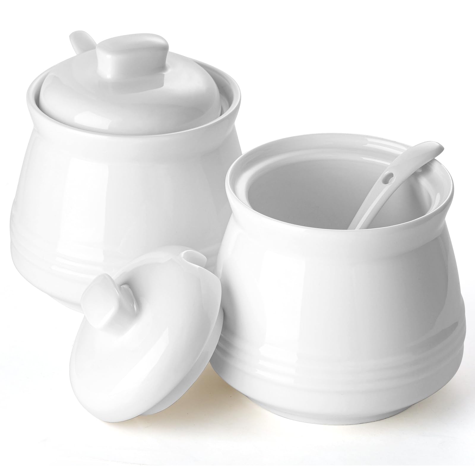 zeeooil Sugar Bowl with Lid and Spoon Set of 2 Ceramic Sugar Pot Container (White), Medium