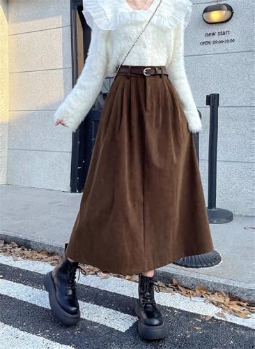 Women Vintage Fall Corduroy Long Skirt w/Belt Flowy A-Line Pleated Maxi Dress Japanese Style Cottagecore Midi Skirts3