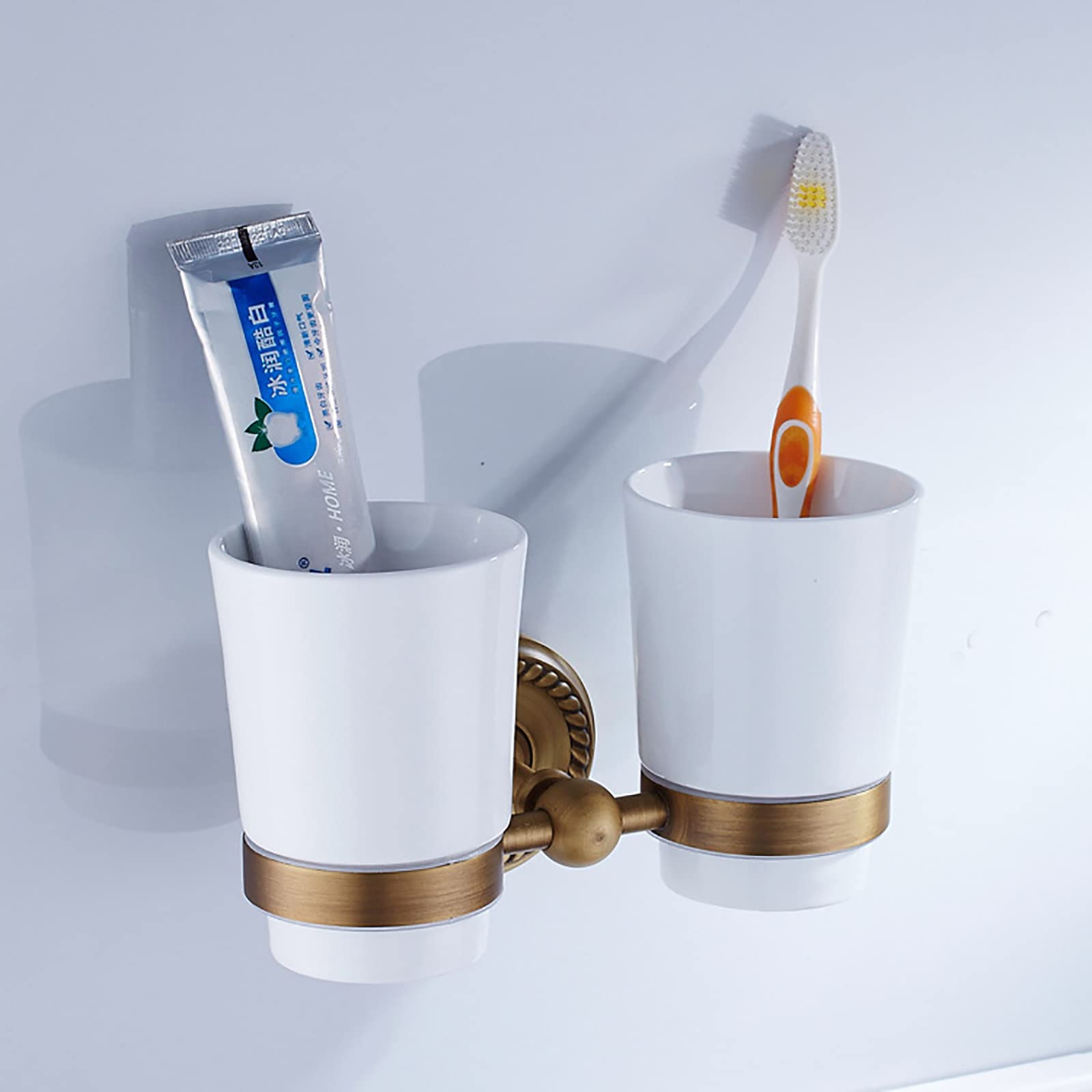 Porta Cepillo de Dientes, Pared Soporte Cepillo de Dientes, 2 Copas Eléctrico Estuche Cepillo Dientes Cobre, Organizador Baño para Hogar Hotel Antiguo Oro