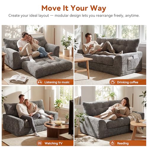 Image of MONVANE 55.5 inch Convertible Loveseat Sofa Bed, 2-in-1 Boneless Sleeper Sofa Couch with Storage Pocket, Comfy Chenille Deep Seat Couch for Living Room, No Assembly Required, Dark Grey