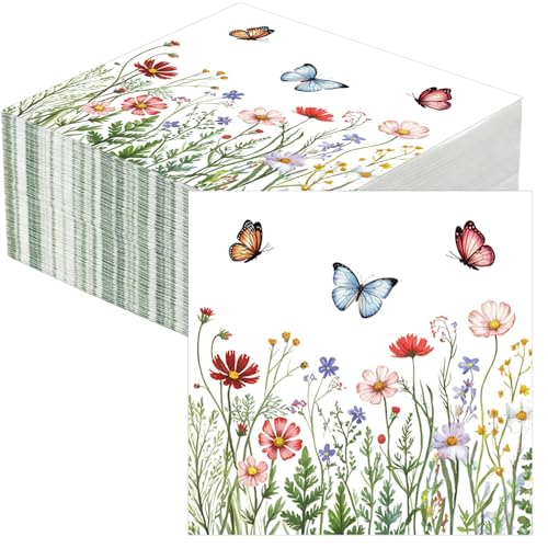 40 Pièces Serviette Papier Fleurs Serviette De Table Papier Serviettes Jetables Printemps Papillon Pour Fêtes Anniversaire Mariage Communion Tea Party Pique...