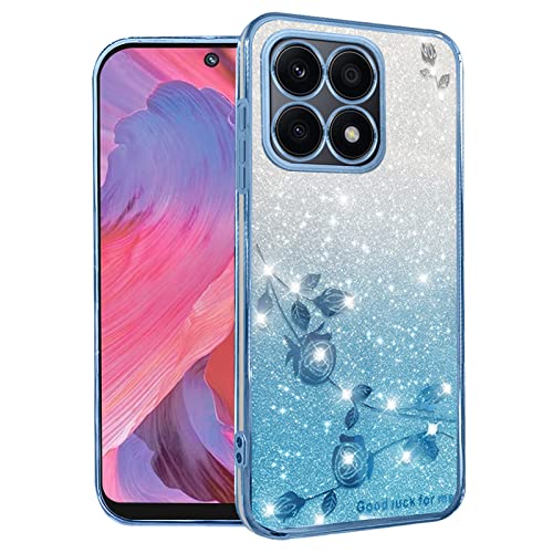Coque Honor X8a paillettes bleue en silicone TPU souple transparent motif fleur anti-choc