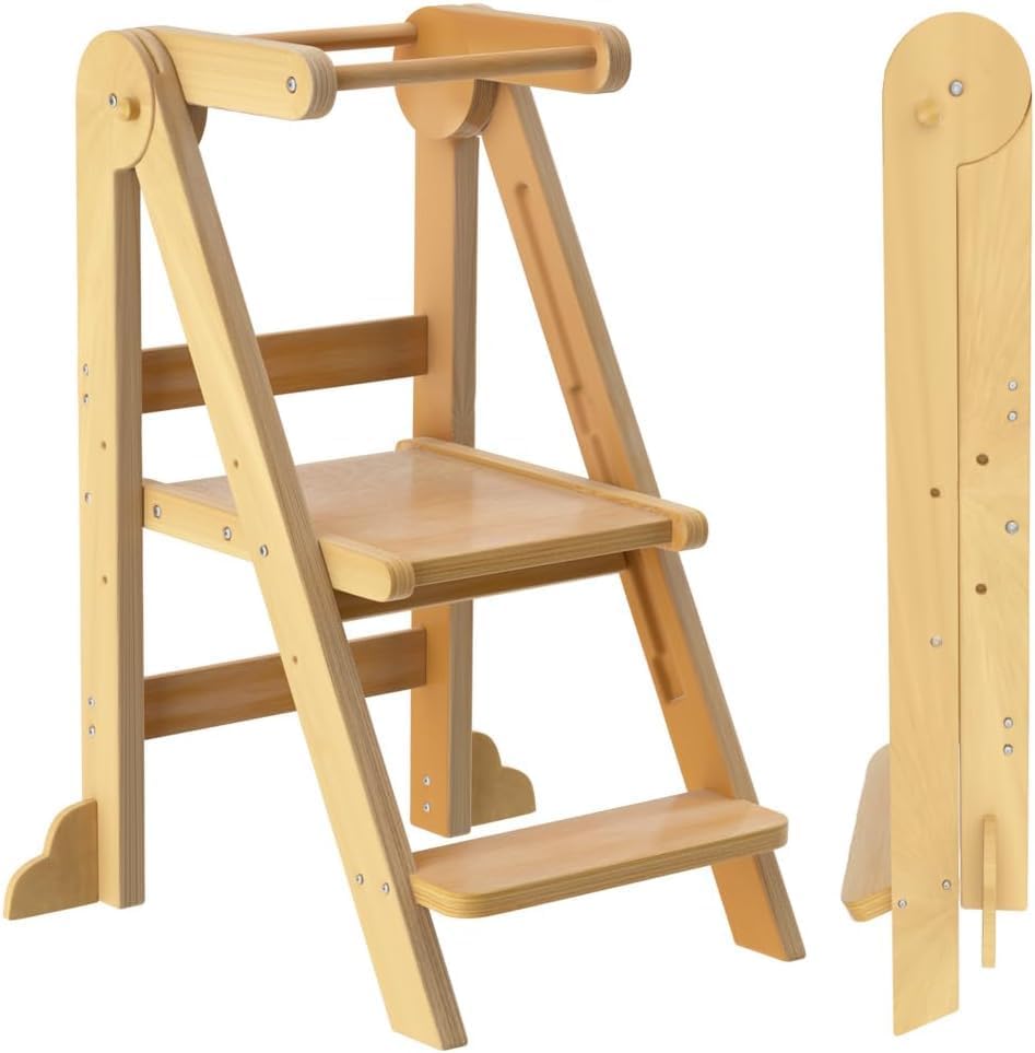 Toddler Tower, Foldable Step Stool for Toddlers, Toddler Kitchen Stool Helper with 3 Adjustable Height Safty Rail and Anti-Tip Structure, Learning Tower for Toddlers Baby Kids Natural Wood
