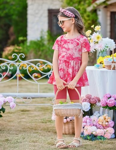Image of Arshiner Girls Summer Outfits Short Sleeve Ruffle Hem Top and Biker Shorts Set Girl Clothes 4-15 Years