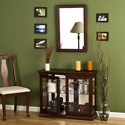 Double Door Curio w/ Mirror Back Wall - 2 Fixed Shelves - Chic Style Mahogany Finish