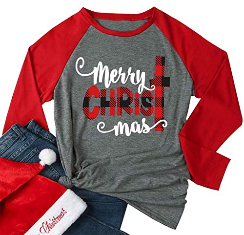 LUBERLIN Women Christmas Shirts Plus Size Raglan Merry Christmas Baseball Shirts Letter Print Long Sleeve Graphic Tee Shirts - Red - XX-Large
