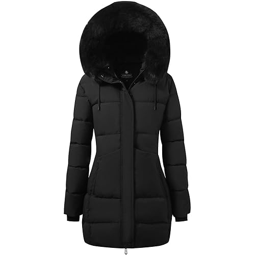 ASPO Women's Winter Warm Coats Waterproof Thick Fleece Lined Down Puffer Jacket 5 Pockets Long Parka Faux Fur Detachable Hood