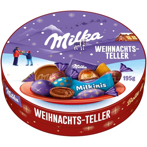 Milka Weihnachtsteller – bunte Mischung aus Pralinen, Bonbons und Choco Wafer in festlicher Einzelpackung – 195g