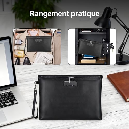 Wixovo Pochette Anti Feu et Etanche pour Documents, Sacoche Ignifuge avec Serrure à Combinaison, Résistant jusqu'à (4200°F), Sac de Sécurité pour Argent, Passeport et Valeurs, 28x19 cm, Noir – vue 3