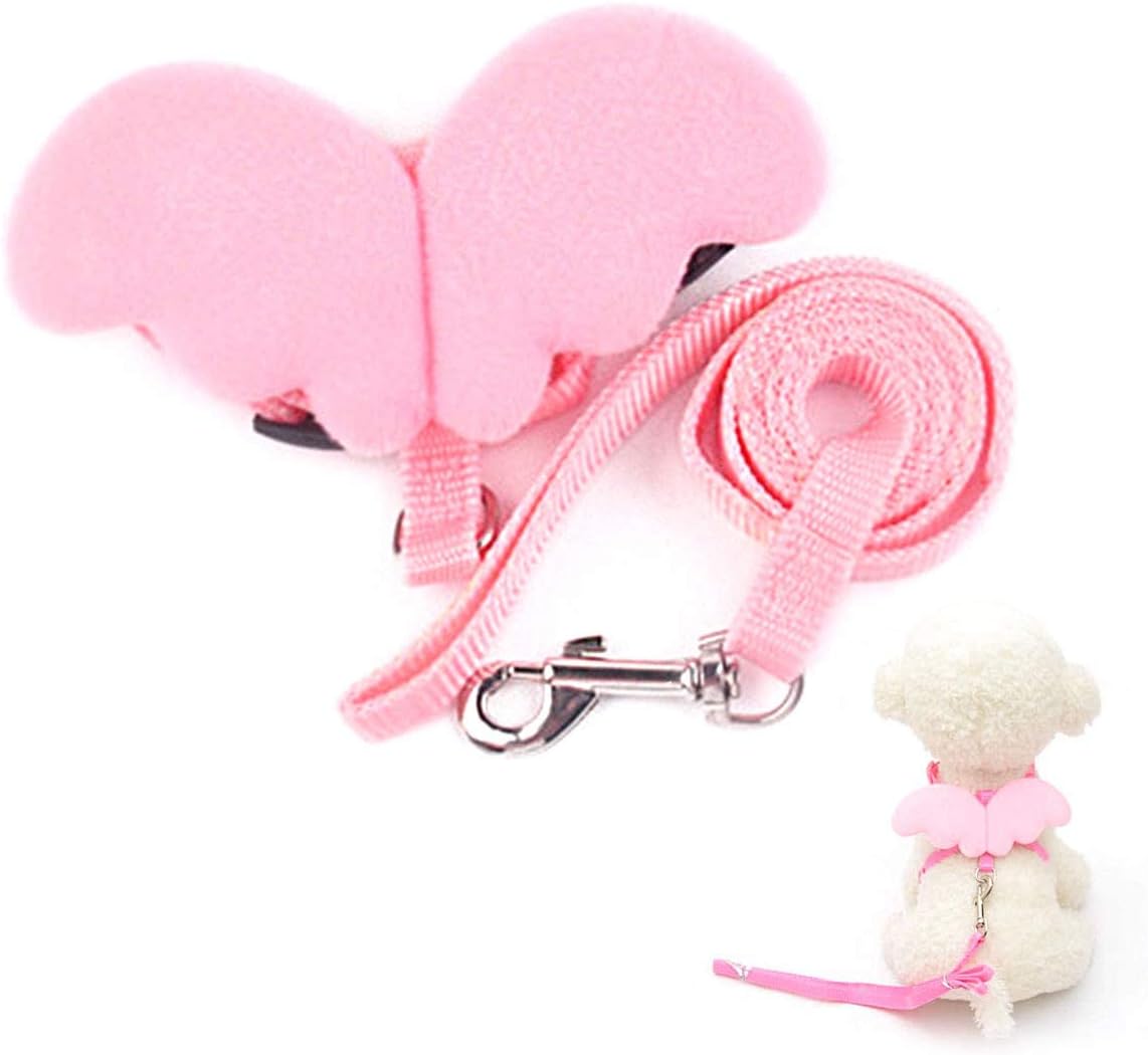 Goaup Pet Cat Dog Leashes and Harness Set- Adjustable Mesh Vest Chest Strap with Angel Wings- Suit for Puppy Kitten Medium Pets (Pink)