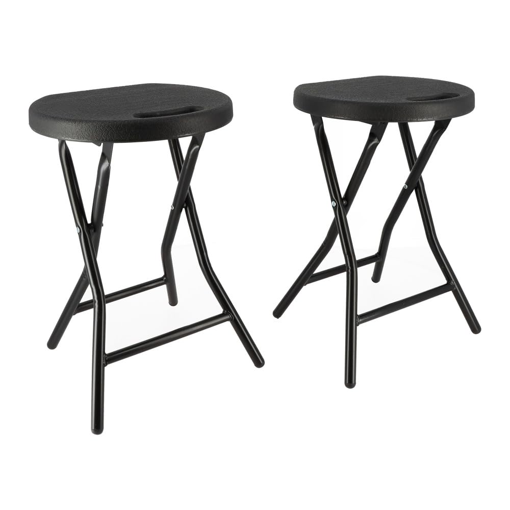 Tabourets pliants x2 - Ht 46cm - Tabouret pliable de Jardin, Terrasse, Balcon - Noir - Siège résine Structure Acier - Poignée