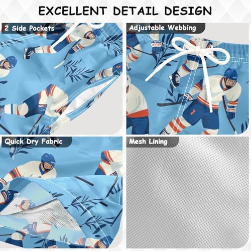 Pigsaly Boys Swim Trunks Hockey Player Leaf Blue Boys Board Shorts Swimsuit Swimwear Summer Bathing Suit S3