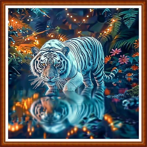 Image of Joyhoor Stamped Cross Stitch Kits for Beginners Needlepoint Kits for Adults Embroidery Kits 11CT Counted Cross Stitch Kits Printed Embroidery Pattern-Forest White Tiger 18x18 inchs